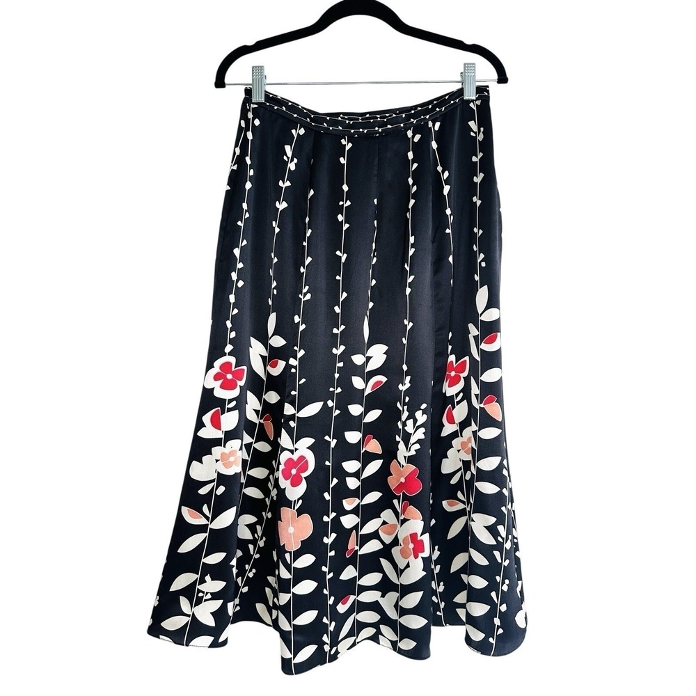 VTG Talbots 100% Pure Silk Floral Midi Skirt Size 6 Black Pink White Botanical - Picture 2 of 13